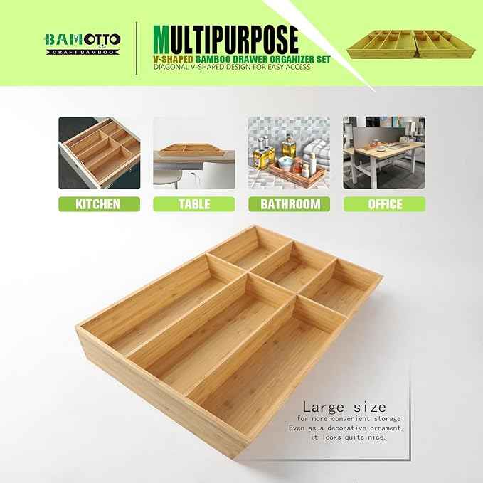 V-Shaped Extra Large Bamboo Drawer Organizer Set of 2, Kitchen Cutlery Tray Utensil Plate, Flatware&Silverware Storage Box, Wood Organizer for Bedroom, Living Room (19.6