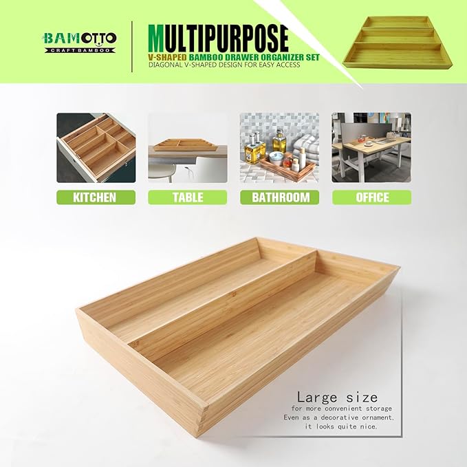 2-Piece V-Shaped Bamboo Drawer Organizer - Ideal for Kitchen's Large Long Tableware, Cooking Utensils, Flatware, Silverware - Wood Storage Box for Home, Bedroom, Bathroom (19.6