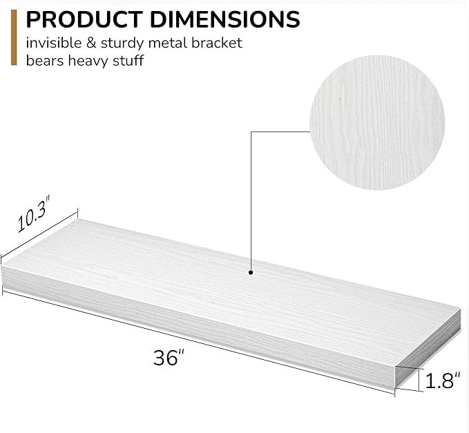 Floating Shelves - 10.3 Inch Deep Wall Shelf for Decor & Storage - Wall Mounted Display Shelving with Invisible Heavy-Duty Metal Bracket - 36