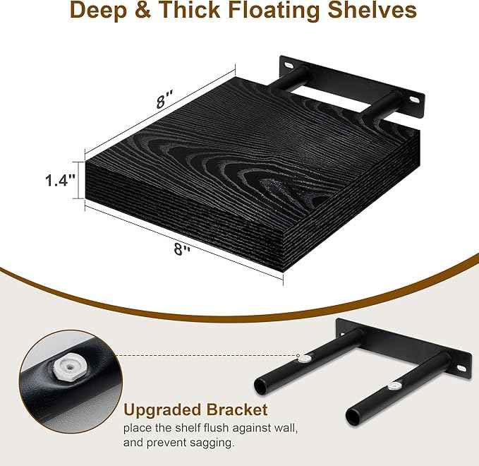 Fun Memories Black Floating Shelves 8 Inch Long, 8" Deep Wall Shelves, Small Deep Floating Shelf Square Wall Shelf, Rustic Display Shelves for Living Room, Bathroom, Kitchen, Set of 2