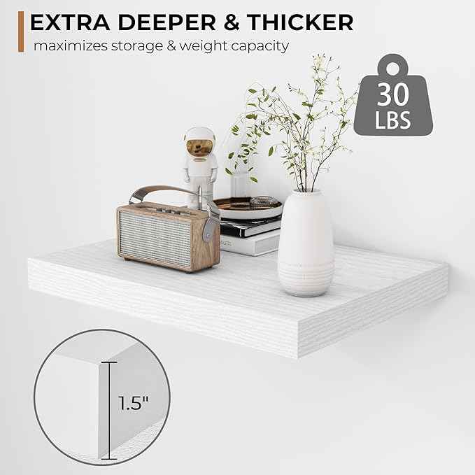 Fun Memories Floating Shelves - 2 Pack 12 Inch Deep Rustic Wooden Wall Shelves - Extra Deeper & Thicker Wall Mounted Storage Shelf for Living Room, Kitchen, Farmhouse - 16" W x 12" D x 1.5" H - White