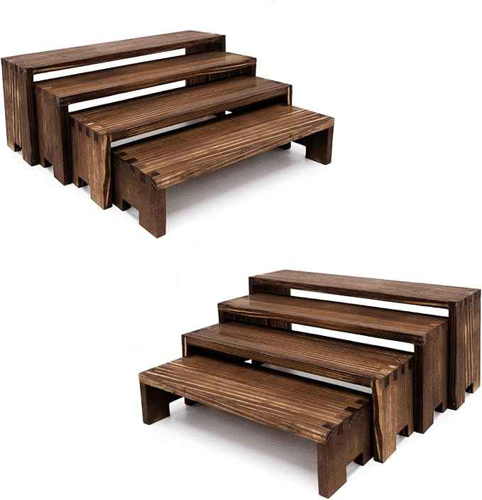 Large Display Wood Risers Wooden Stand 8 Tier Wood Racks Decorative Rectangular, 2 Set 8 Pieces Cupcake Stands Cologne Perfume Organizer Showcase Items(Brown)