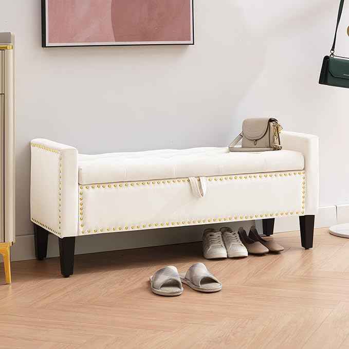 Storage Ottoman Bench, Velvet Upholstered Footstool for Bedroom and Living Room, Tufted Seat with Storage, Wooden Legs & Metal Rivets, Beige