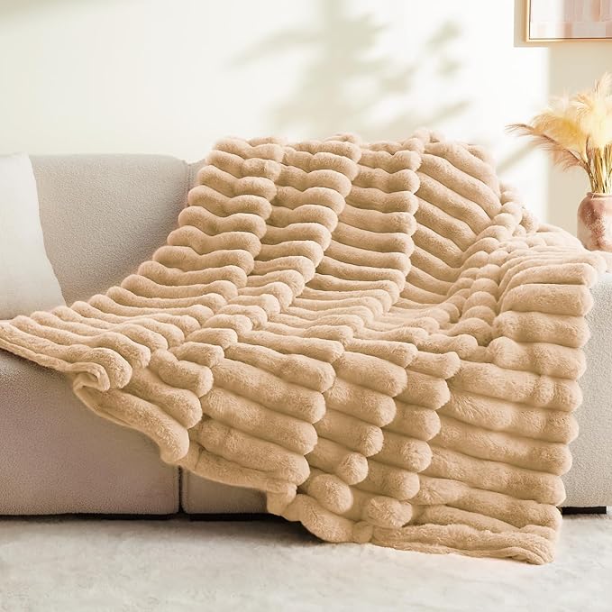 BEDELITE Faux Fur Throw Blanket for Couch, Soft and Cozy Luxurious 3D Striped Fluffy Blanket, 770GSM Thick Warm Plush Fuzzy Faux Rabbit Fur Blanket for Women Gift (Brown, 60