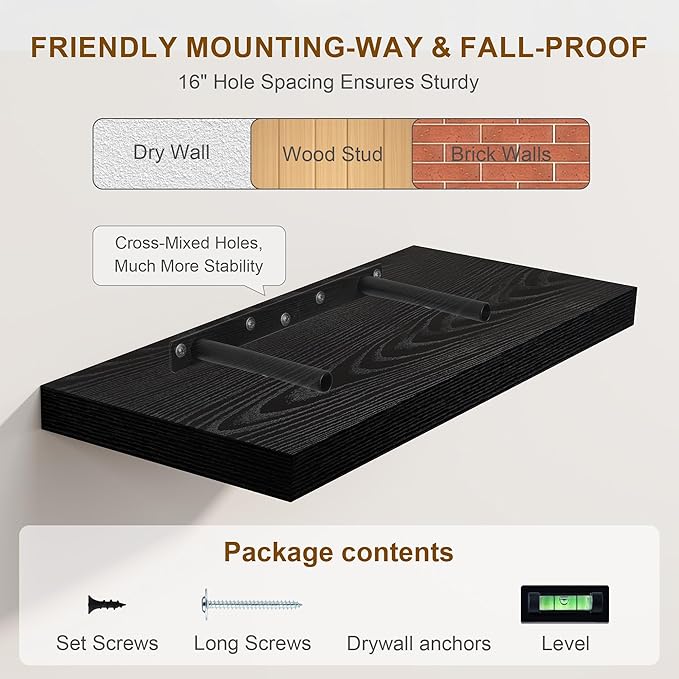 Black Floating Shelves 48 Inch Long, 8 Deep Floating Shelves for Wall, Rustic 48