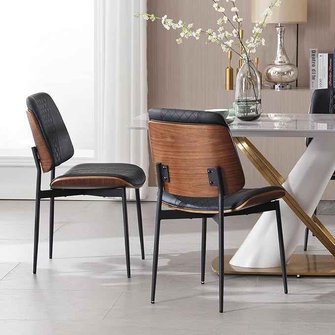 BV Dining Chairs Set of 2, PU Leather Armless Kitchen Chair in Modern Walnut Style, Mid Century Bentwood Side Chair with Metal Legs, Retro Accent Guest Chair for Kitchen Dining Room(Black)