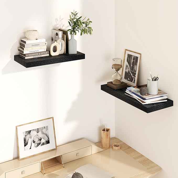 Fun Memories Black Floating Shelves 16 Inch Long, 8 Deep Floating Shelf Wall Mounted, 16 x 8 Inch Wooden Bathroom Shelves, Deep Storage Shelves for Living Room, Kitchen, Set of 2