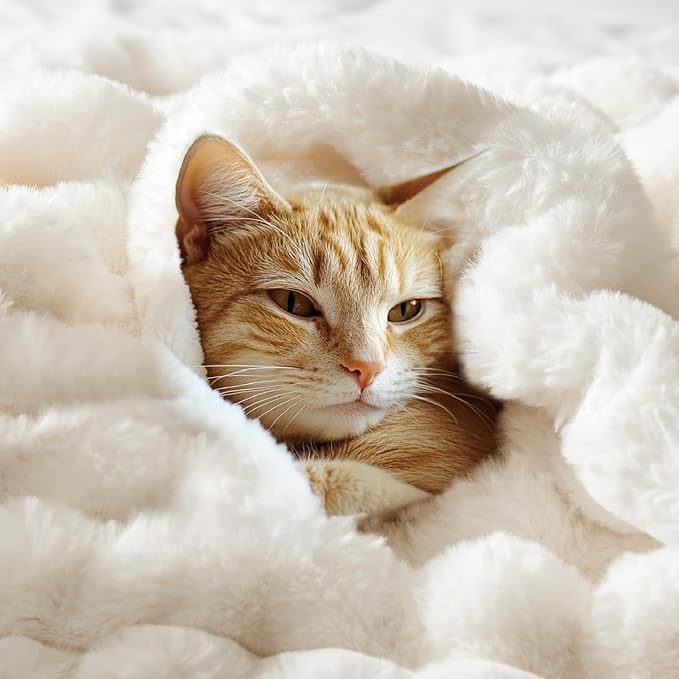 BEDELITE Faux Fur Throw Blanket for Couch, Soft and Cozy Luxurious 3D Striped Fluffy Blanket, 770GSM Thick Warm Plush Fuzzy Faux Rabbit Fur Blanket for Women Gift (Cream, 50