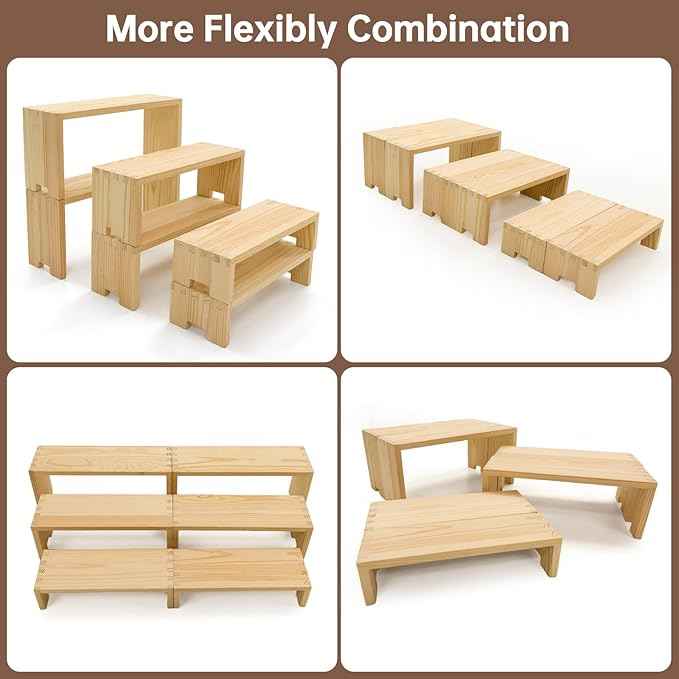 Display Wood Risers Wooden Stand 3 Tier Wood Racks Decorative Rectangular, 2 Set 6 Piece Cupcake Stands Cologne Perfume Organizer Dessert Showcase(Nature)
