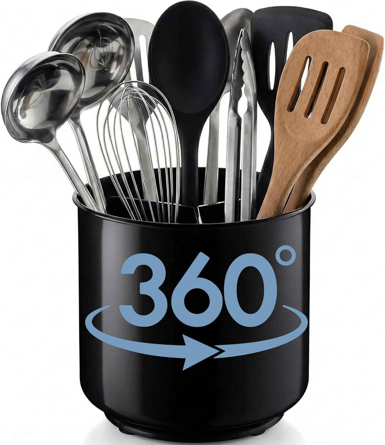 Cooler Kitchen Extra Large and Sturdy Rotating Utensil Holder Caddy with No-Tip Weighted Base, Removable Divider, and Gripped Insert | Rust Proof and Dishwasher Safe