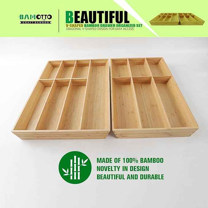 V-Shaped Extra Large Bamboo Drawer Organizer Set of 2, Kitchen Cutlery Tray Utensil Plate, Flatware&Silverware Storage Box, Wood Organizer for Bedroom, Living Room (19.6