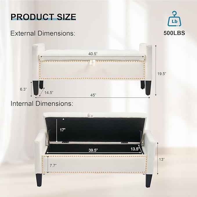 Storage Ottoman Bench, Velvet Upholstered Footstool for Bedroom and Living Room, Tufted Seat with Storage, Wooden Legs & Metal Rivets, Beige