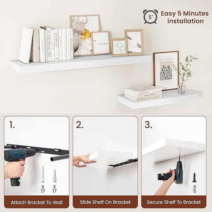 White Floating Shelves for Wall, 48 Inch X 12 Deep Shelves for Room Wall Mounted，2