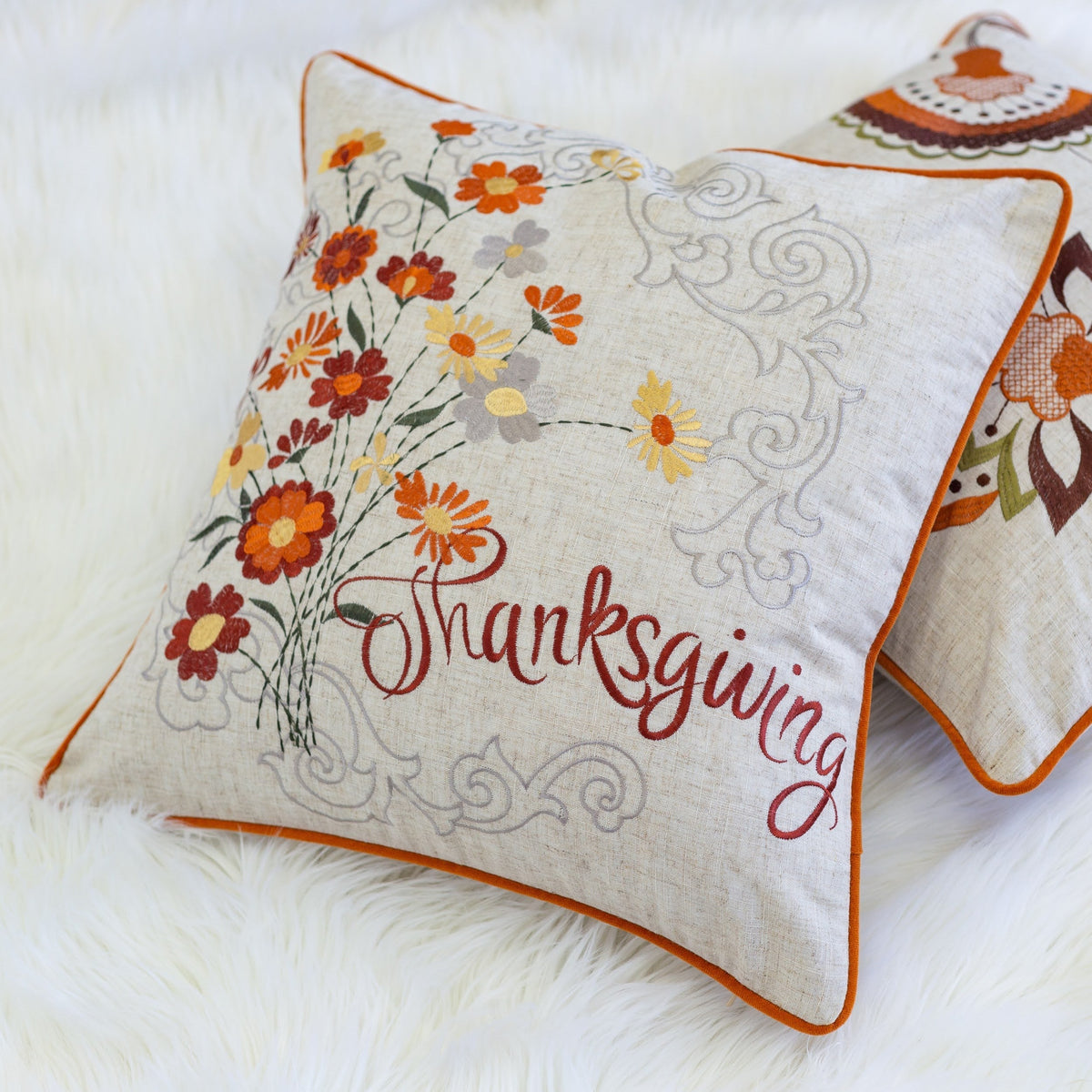 Thanksgiving Embroidered Floral Throw Pillow with Fall Floral Embroidery - Autumn Colors