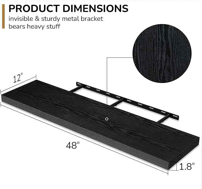 Fun Memories Floating Shelves - 12 Inch Rustic Wooden Wall Shelves - Extra Deeper & Thicker Wall Mounted Storage Shelf for Living Room, Kitchen, Farmhouse - 48