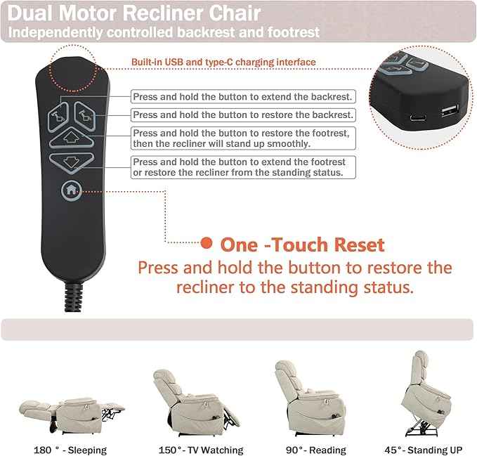 Power Lift Recliner Chair for Adults Elderly Lay Flat Velvet Recliners with Massage Heating, Extended Footrest, Wireless Charging Device, USB Ports, Cup Holder, Lumbar Pillow