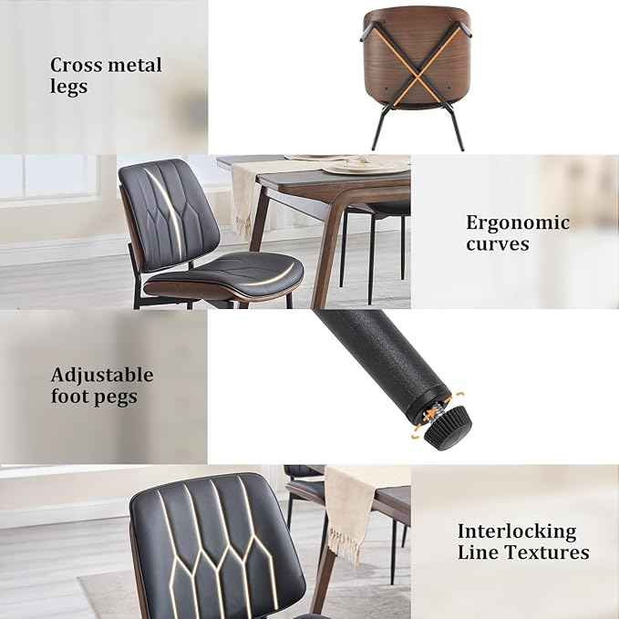 BV Mid Century Modern Dining Chairs Set of 4, Upholstered Pu Leather Armless Accent Chair with Walnut Bentwood Back, Retro Kitchen Chair for Dining Room, Living Room, Kitchen, Black