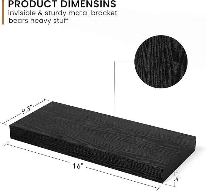 Fun Memories Deep Floating Shelves - 16" W x 9" D x 1.6" H Rustic Black Wall Shelf - Wall Mounted Shelves for Storage - Wooden Shelves with Invisible Brackets for Living Room, Farmhouse - Set of 2