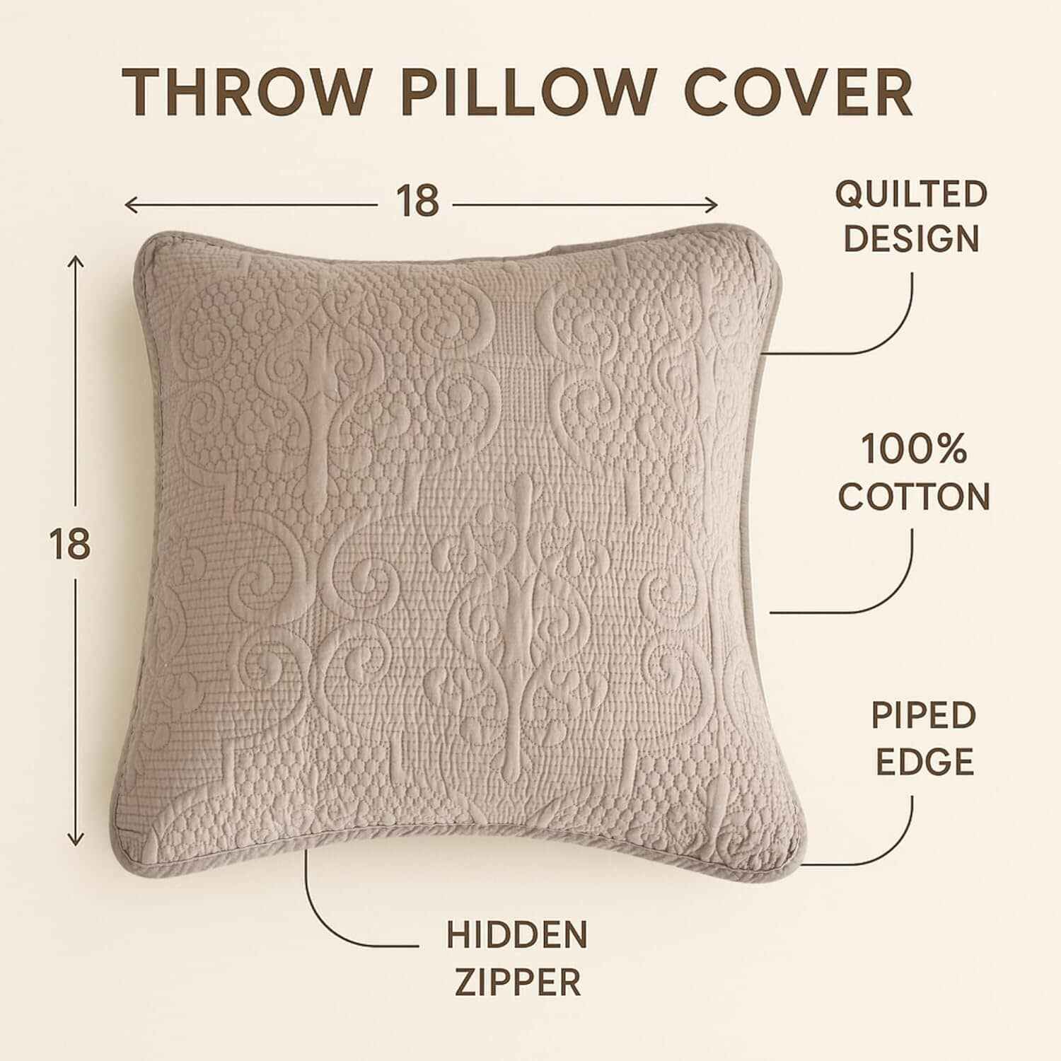 DaDa Bedding Set of 2-Pieces Sandy Beige Taupe Square Cushion Throw Pillow Covers, 18" x 18" (JHW-585)