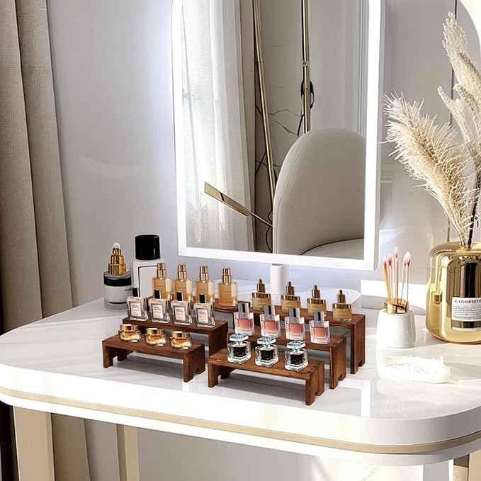 Display Wood Risers Wooden Stand 3 Tier Wood Racks Decorative Rectangular, 2 Set 6 Piece Cupcake Stands Cologne Perfume Organizer Dessert Showcase(Brown)