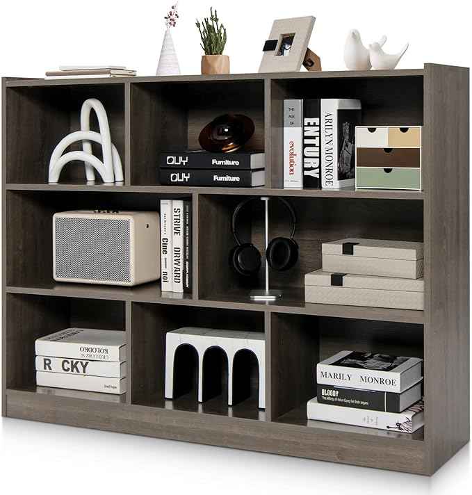Tangkula 8-Cube Bookcase, Wood 3 Tier Open Storage Bookshelf, Modern Multipurpose Display Cabinet for Living Room, Study, Reading Nook, 48 x 12.5 x 36.5 Inch, Grey
