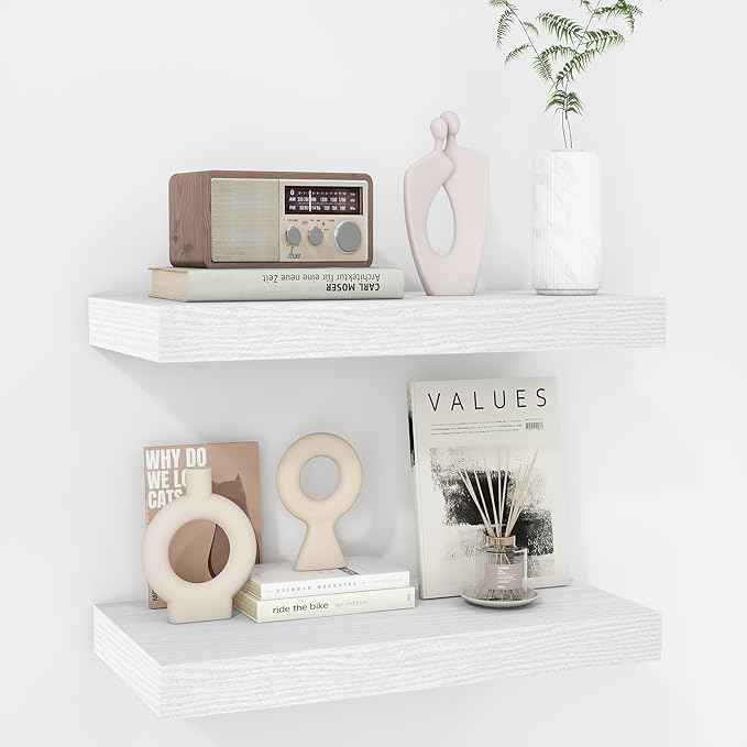 Fun Memories 16 Inch Floating Shelves - Deep Rustic White Wooden Wall Shelves - Extra Deeper & Thicker Wall Mounted Storage Shelf for Bedroom, Kitchen, Farmhouse - 2 Pack, Rustic White