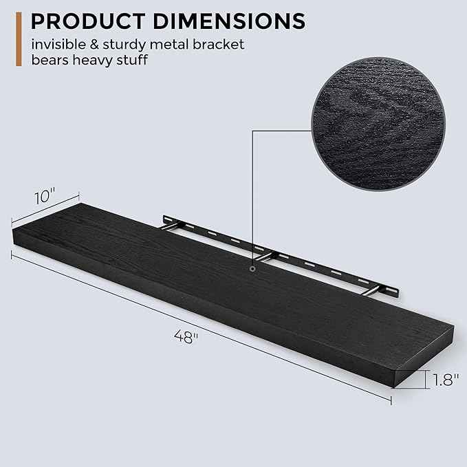 Floating Shelves - 10.3 Inch Deep Wall Shelf for Decor & Storage - Wall Mounted Display Shelving with Invisible Heavy-Duty Metal Bracket - 48