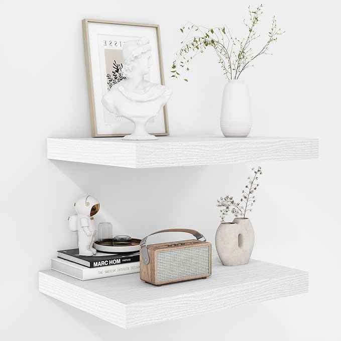 Fun Memories Floating Shelves - 2 Pack 12 Inch Deep Rustic Wooden Wall Shelves - Extra Deeper & Thicker Wall Mounted Storage Shelf for Living Room, Kitchen, Farmhouse - 16" W x 12" D x 1.5" H - White
