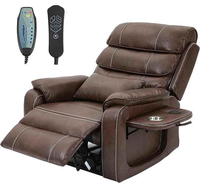 Power Lift Recliner Chair for Adults Elderly Lay Flat Leather Recliners with Massage Heating, Extended Footrest, Wireless Charging Device, USB Ports, Cup Holder, Lumbar Pillow, Up to 400LBS