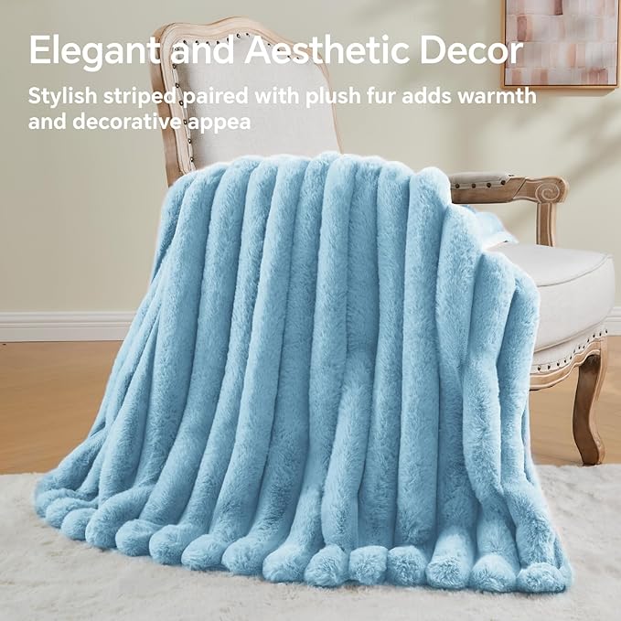 BEDELITE Faux Rabbit Fur Blanket, Luxurious 3D Striped Spring Blanket for Decor & Gift, Soft and Warm Plush Fluffy Faux Fur Throw Blanket All Seasons Suitable, (Light Blue, 60
