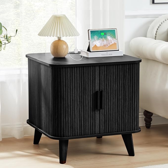 Farmhouse Square End Table with Charging Station, 24" Large Fluted Sofa Side Table with Sliding Tambour Door and Storage, Rustic Curved Wood Nightstand for Living Room, Bedroom, Black