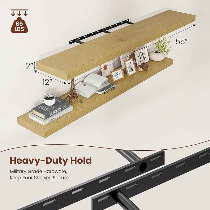 12 Inch Deep Floating Shelves 55 inch Long, 55 x 12 Wide Wall Shelves with Invisible Brackets, Heavy Duty Shelf for Bedroom Bathroom Living Room Kitchen Office Home Decor, Modern Shelf Set of 2, Oak