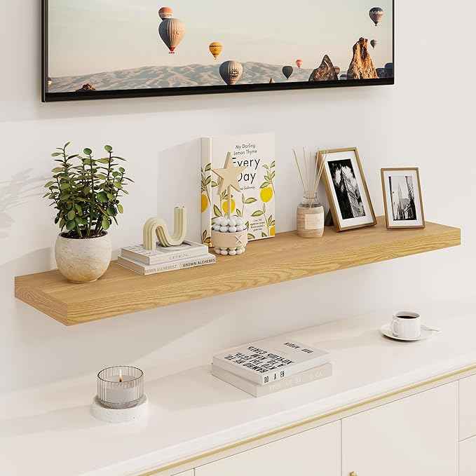 Fun Memories Floating Shelves, 8 Inch Deep Floating Shelves, Rustic Wood Fireplace Mantel 48 in Long, 48 x 8 Floating Wall Shelves for Living Room, Kitchen, Bedroom, Oak Color, 1 Pack