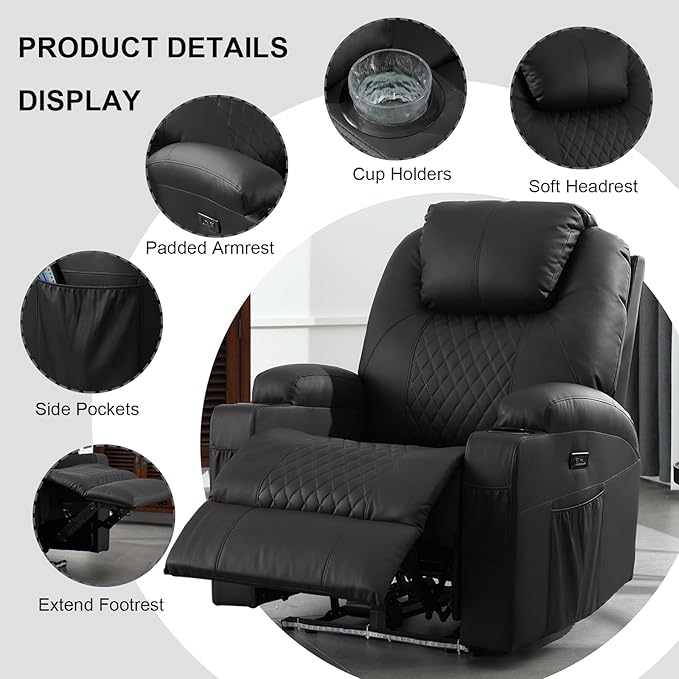 Power Recliner Chair with Heat and Massage, PU Leather Home Theater Seating with LED Lights/Cup Holders/Side Pocket/USB Port, Reclining Sofa Chair for Living Room (1, Black)