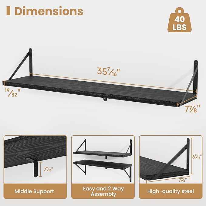 Heimlove 36 Inch Black Floating Bookshelves Set of 3,Heavy Duty Wall Mounted Bookshelves,Bookshelf for Living Room,Bedroom,Kitchen,Laundry Room Storage & Decor