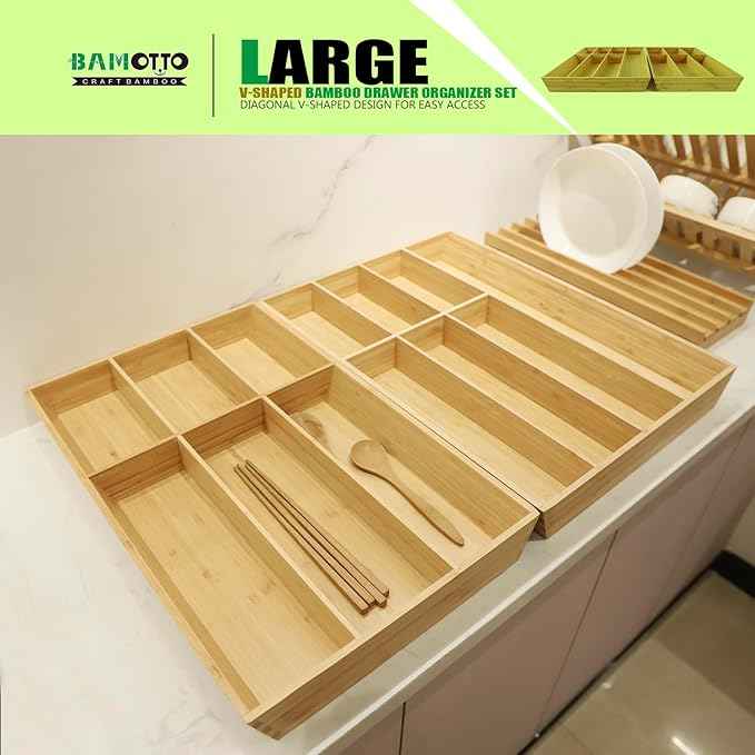 V-Shaped Extra Large Bamboo Drawer Organizer Set of 2, Kitchen Cutlery Tray Utensil Plate, Flatware&Silverware Storage Box, Wood Organizer for Bedroom, Living Room (19.6