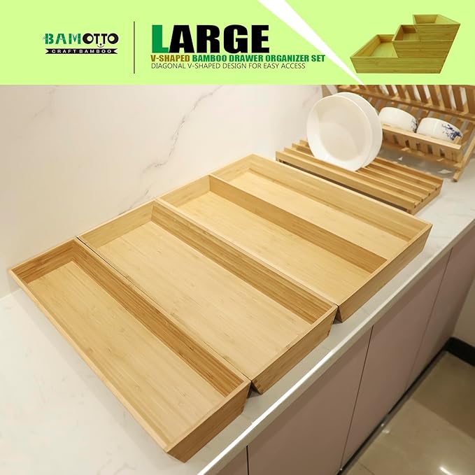V-Shaped Bamboo Drawer Organizer Set of 3, Kitchen Large and Long Utensil Plate, Flatware & Silverware Storage Box, Wood Drawer Organizer for Bedroom, Living Room (19.6