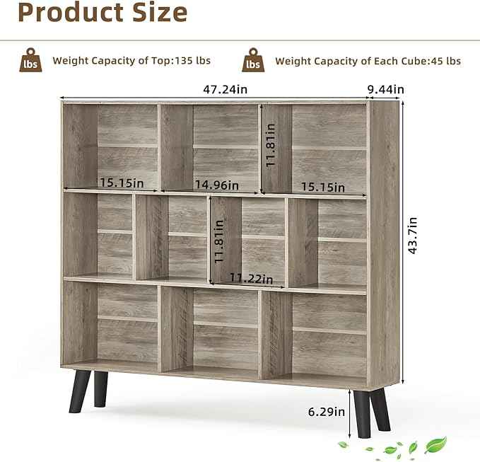 LEYAOYAO 10 Cube Bookshelf,3 Tier Modern Wide Bookcase with Legs,Mid-Century Wood Bookshelves Storage，Retro Grey Large Book Case,Freestanding Organizer Display Shelf for Bedroom,Living Room,Office