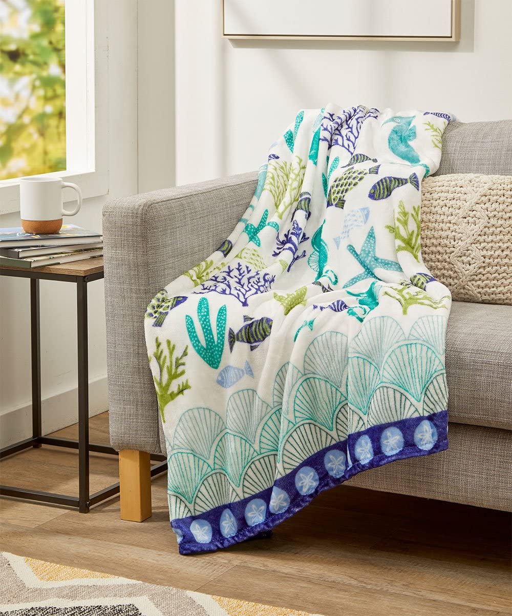 Decor & More Corales de Marina Blue Coral Seahorse Oceanic Microplush Throw Blanket Ocean Blanket for Boys and Girls and Kids of Any Age (50" x 60")