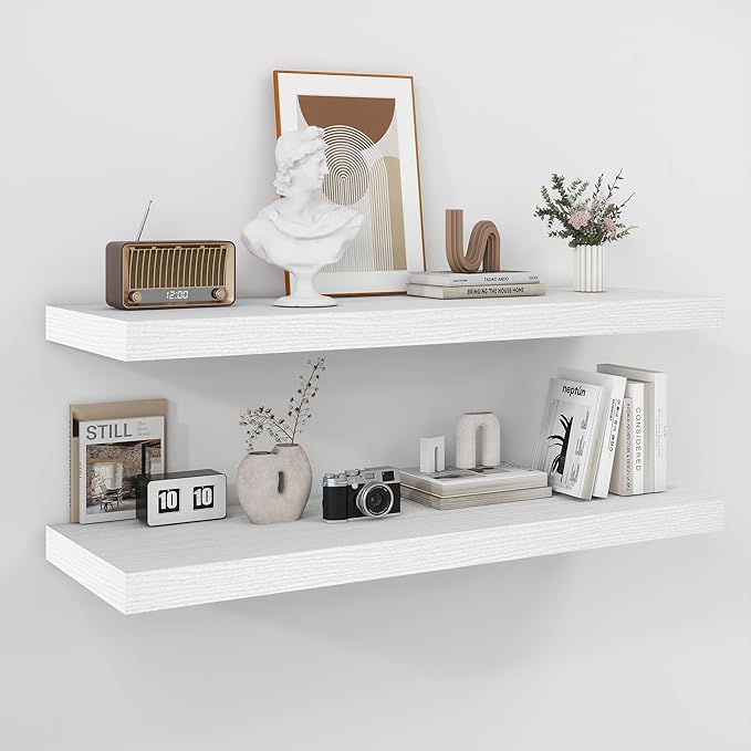 Fun Memories Floating Shelves - 2 Pack 12 Inch Rustic Wooden Wall Shelves - Extra Deeper & Thicker Wall Mounted Storage Shelf for Living Room, Kitchen, Farmhouse - 36