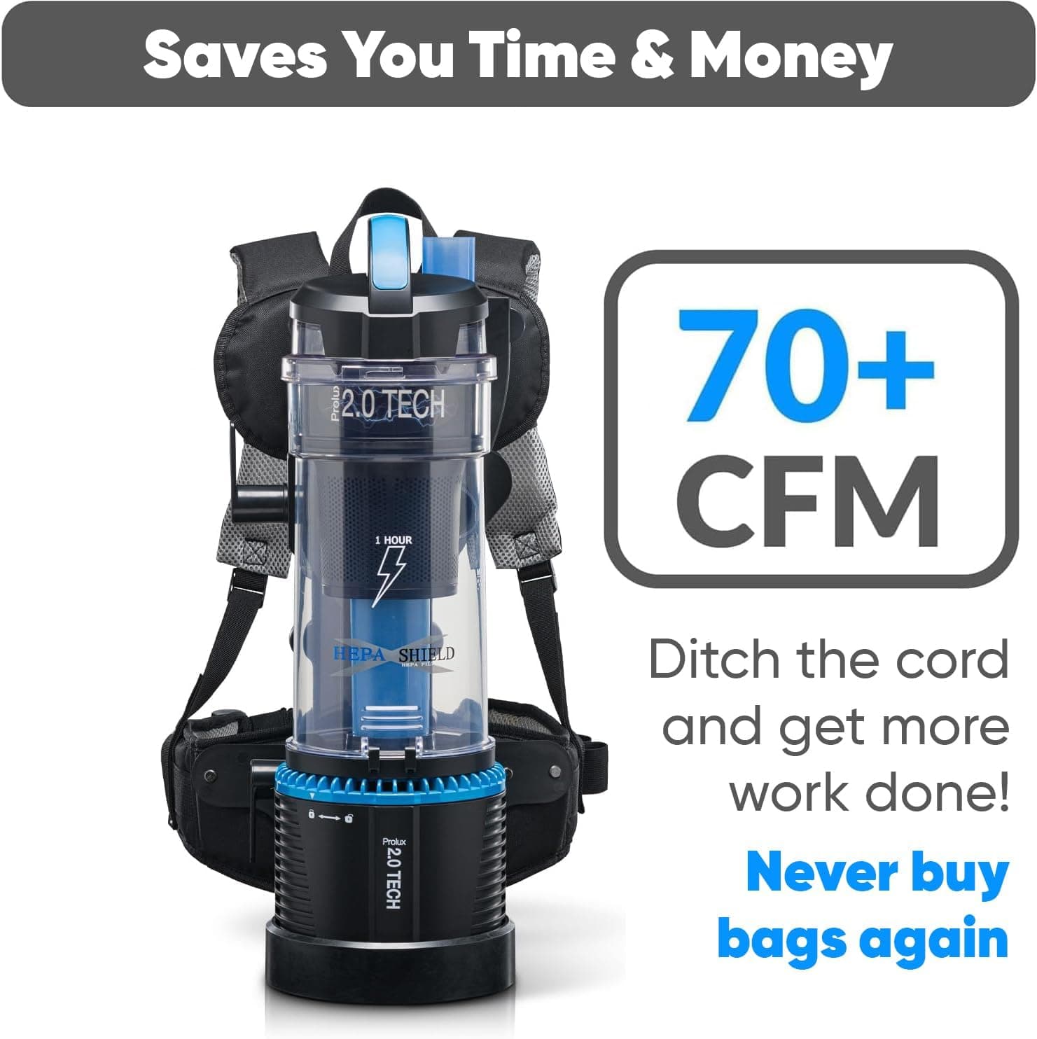 Prolux 2.0 Cordless Bagless Upright Backpack Vacuum with 1 hour Lithium Ion Battery