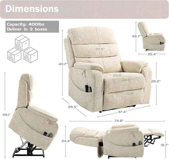 Power Lift Recliner Chair for Adults Elderly Lay Flat Velvet Recliners with Massage Heating, Extended Footrest, Wireless Charging Device, USB Ports, Cup Holder, Lumbar Pillow