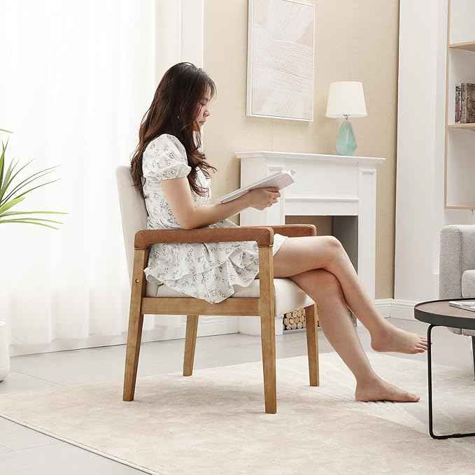 Mid Century Modern Dining Chairs Set of 4 Fabric Upholstered Living Room Side Chair, Kitchen Arm Chair with Solid Wood Legs for Home Restaurant, Linen White