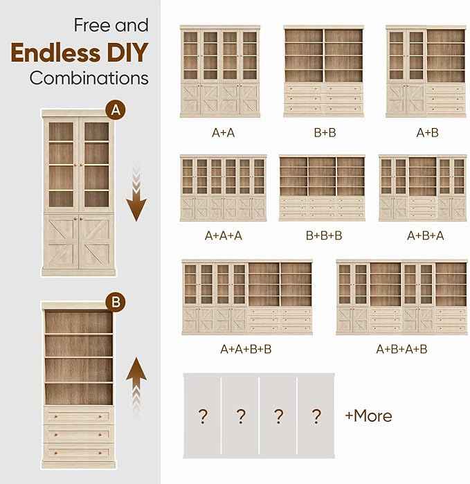 Vyre 71" Tall Farmhouse Bookshelves with Glass Doors and Drawers, Set of 2 – Large Modular Bookcase with Adjustable Shelves, Storage Cabinet for Living Room, Kitchen, Brown