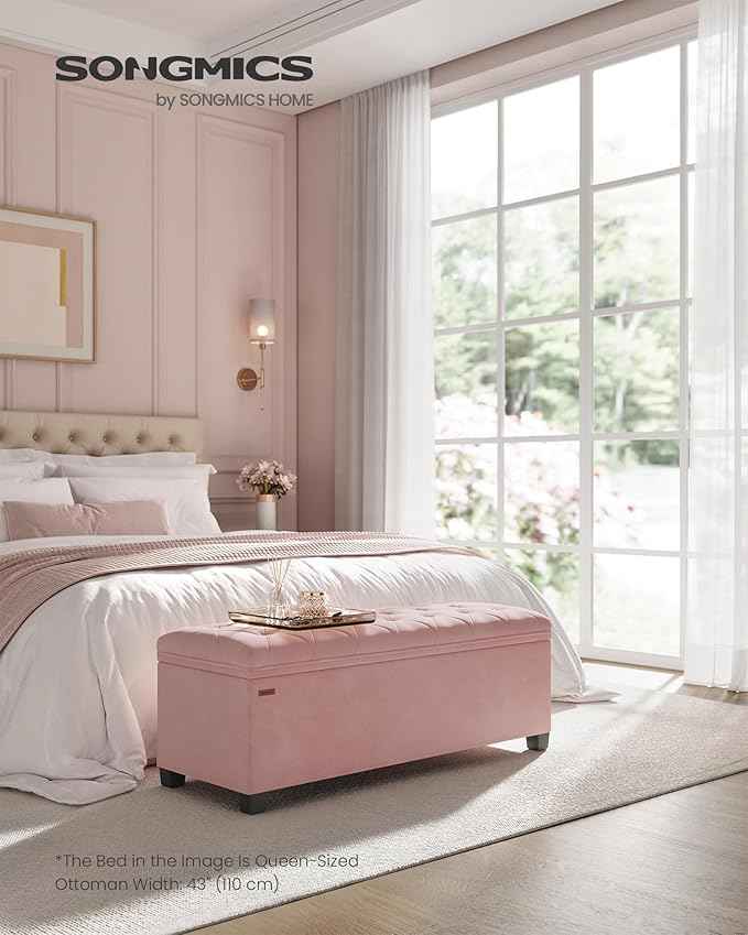 SONGMICS Velvet Storage Ottoman Bench, Foot Rest with Legs, 15.7 x 43 x 15.7 Inches, End of Bed Bench, Storage Chest, Load up to 660 lb, for Living Room, Bedroom, Entryway, Jelly Pink ULSF089R01