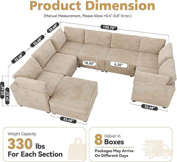 Modular Sectional Sofa with Chaise U Shaped Sectional Couch for Living Room, 8-Seater Comfy Cloud Couches with One Movable Ottoman, Plush Corduroy, Beige