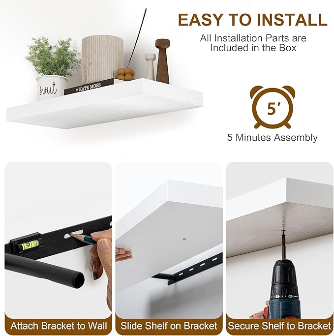 Fun Memories White Floating Shelves 36 Inch Long, 8 Inch Deep Floating Shelf for Wall, 36