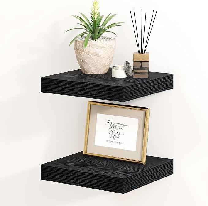 Fun Memories Black Floating Shelves 8 Inch Long, 8" Deep Wall Shelves, Small Deep Floating Shelf Square Wall Shelf, Rustic Display Shelves for Living Room, Bathroom, Kitchen, Set of 2