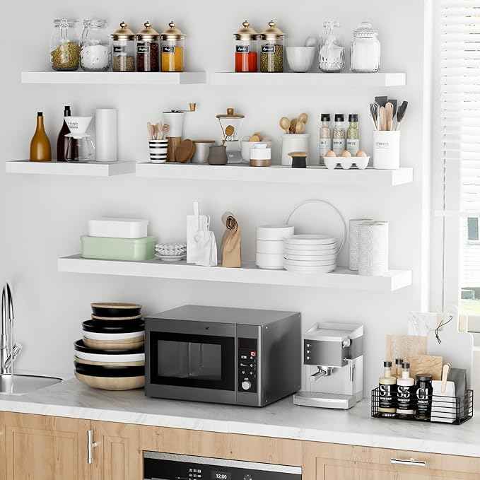 Fun Memories 16 Inch Floating Shelves - Deep Rustic White Wooden Wall Shelves - Extra Deeper & Thicker Wall Mounted Storage Shelf for Bedroom, Kitchen, Farmhouse - 2 Pack, Rustic White