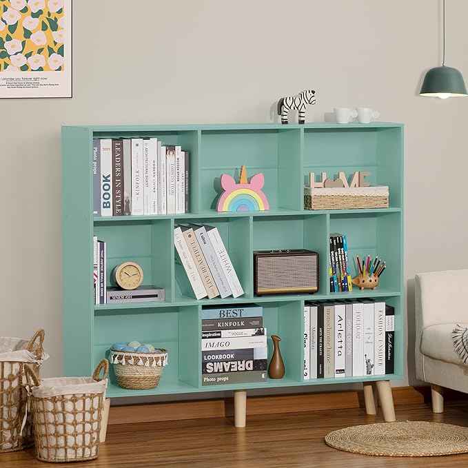 LEYAOYAO 10 Cube Bookshelf,3 Tier Modern Wide Bookcase with Legs,Mid-Century Wood Bookshelves Storage,Mint-Green Large Book Case,Freestanding Organizer Display Shelf for Bedroom,Living Room,Office